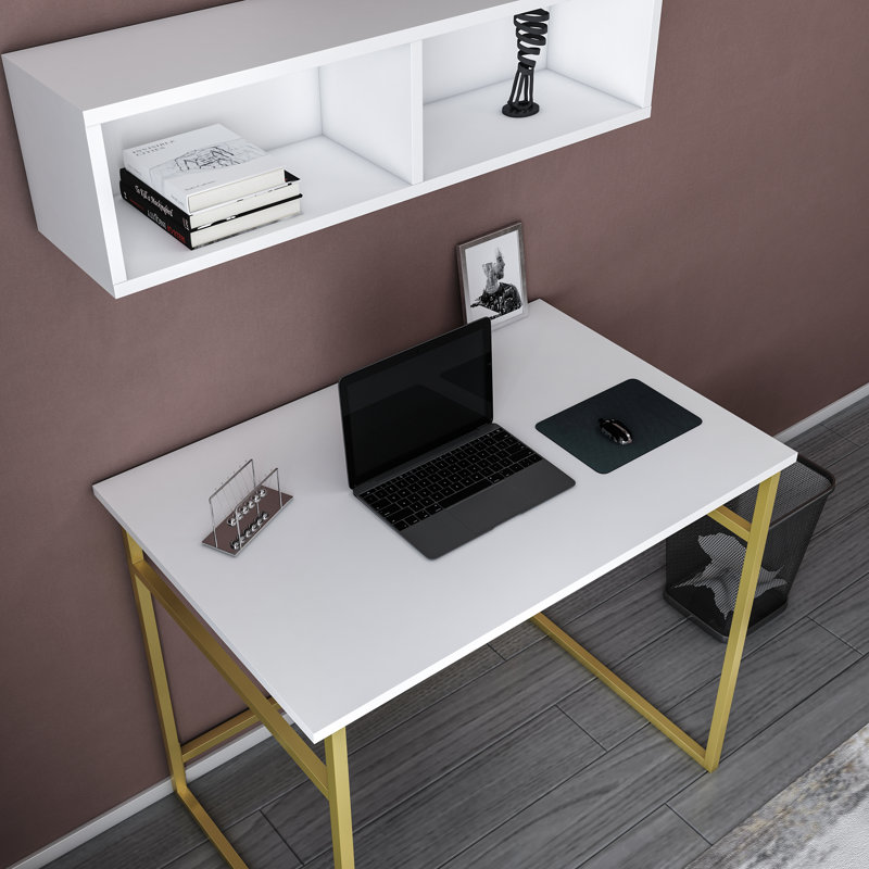 Hussum 90cm W Rectangular Computer Desk, White/Gold