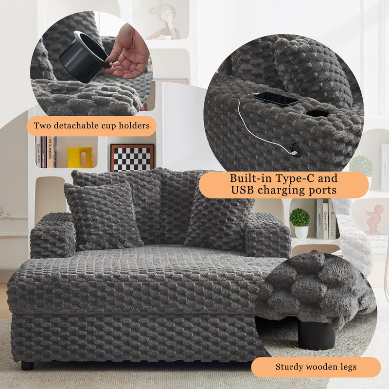 Méridienne surdimensionnée de 60 po - Canapé-lit rembourré en velours côtelé avec coussin et accoudoirs pour le salon, Gris