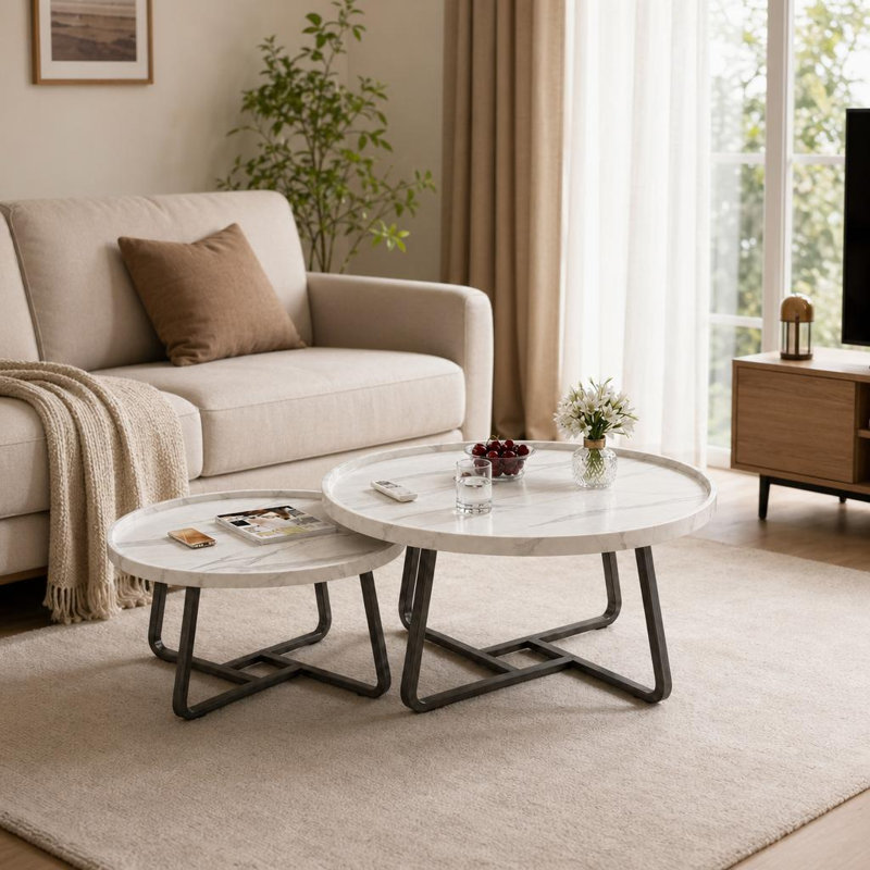 Modern 2-Piece Nesting Coffee Tables Set, Wooden Centre Table with Metal Frame, 31.49"D & 23.62"D
