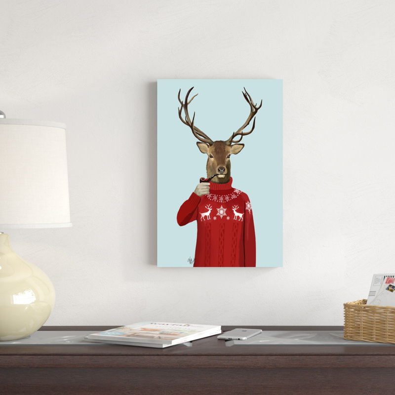 «Deer In Ski Sweater» par Fab Funky - impression sur toile tendue, H 18 po x l 12 po