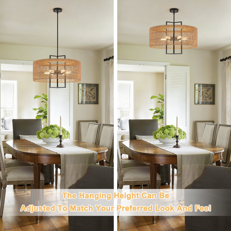 6-Light 23.6" Boho Coastal Rattan Chandelier, Farmhouse Wicker Pendant Light Fixture For Dining Room, Living Room, Kitchen Island, Bedroom, Hallway, Foyer