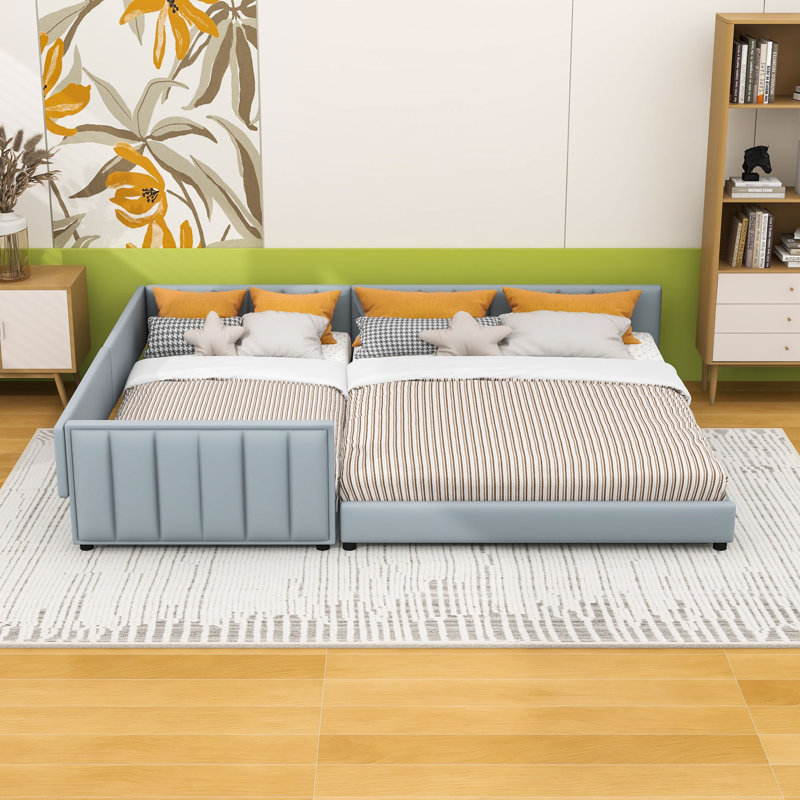 Grand lit plateforme tapissier en similicuir avec lattes, Gris