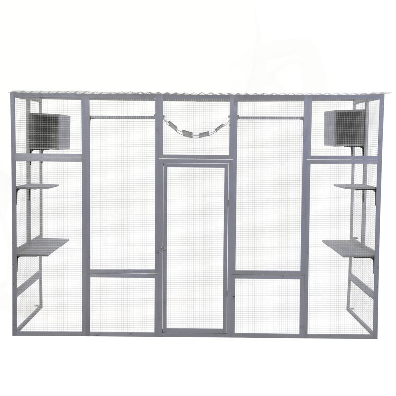 Enclos pour chat polyvalent en bois avec plusieurs aires de jeu et tout le confort, Gris