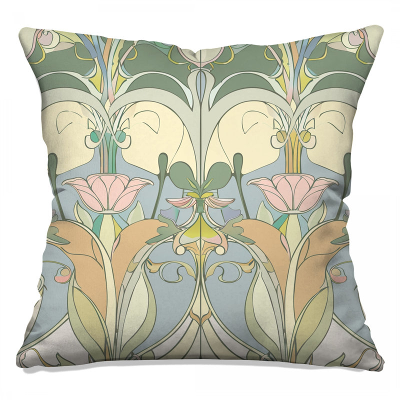 Art Nouveau Throw Pillow, Floral Double Sided Pillows, Square 26", Beige Floral Geometric