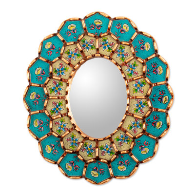 Novica Handmade Rosy Arrangement Bronze-Gilded Reverse-Painted Glass Wall Mirror