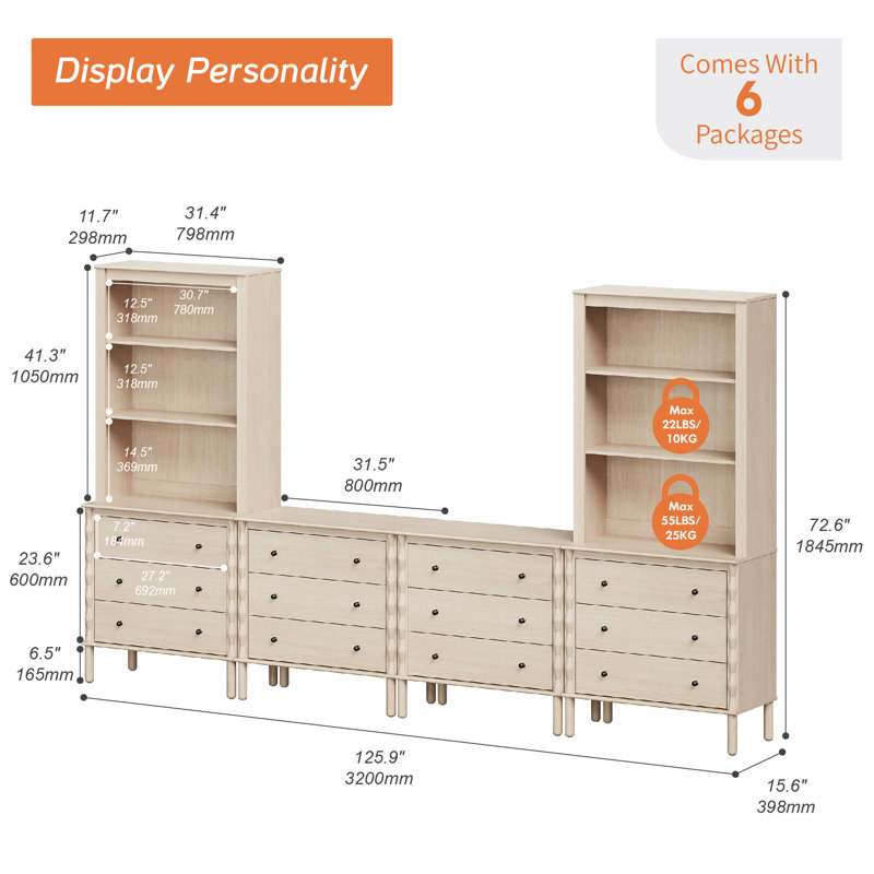 Meuble télé Greeta avec 12 tiroirs et 6 tablettes ouvertes, couleur naturelle, H 72,6 po x L 15,7 po x l 126 po, Naturel