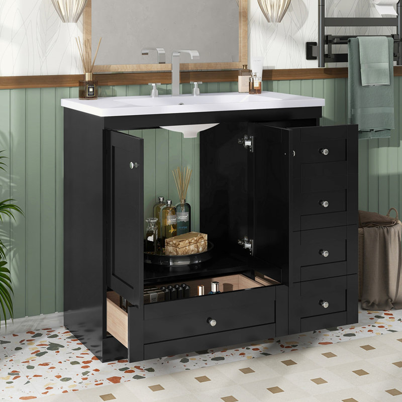 Meuble-lavabo autoportant de style shaker avec lavabo, Noir, noir, noir, noir