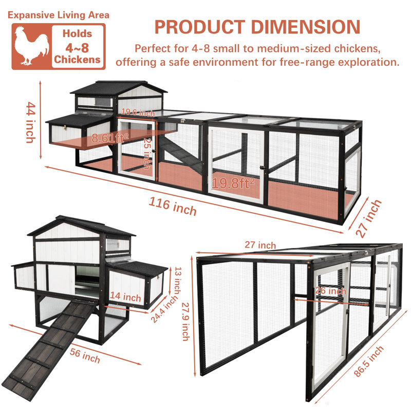 116"L Extra Large Chicken Coop with Nesting Boxes Chicken House for 4 Chickens