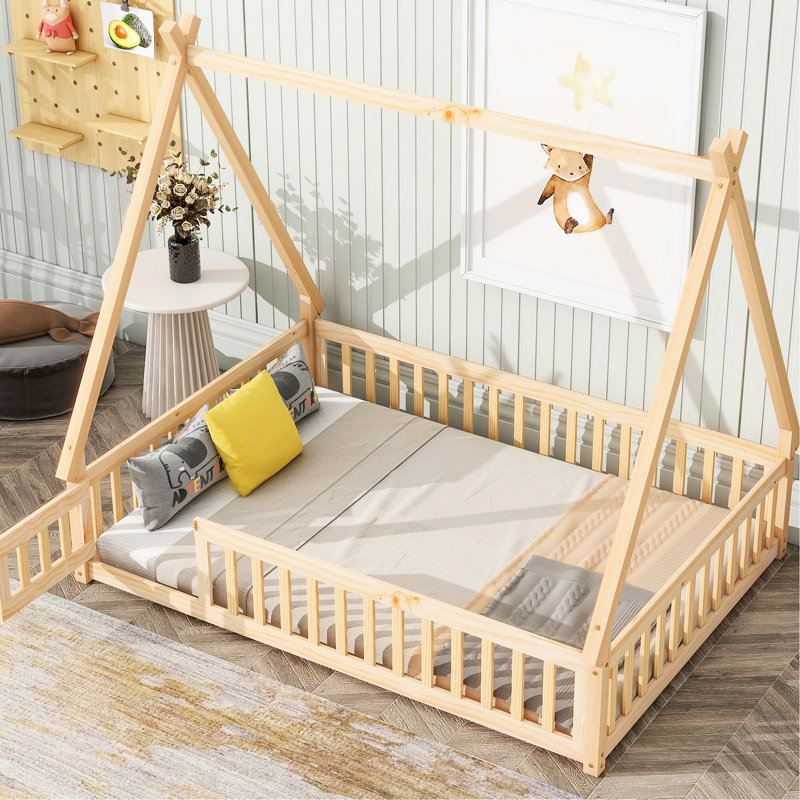 Lit double avec garde-corps et garde-corps en bois de pin naturel, Lit double, Naturel