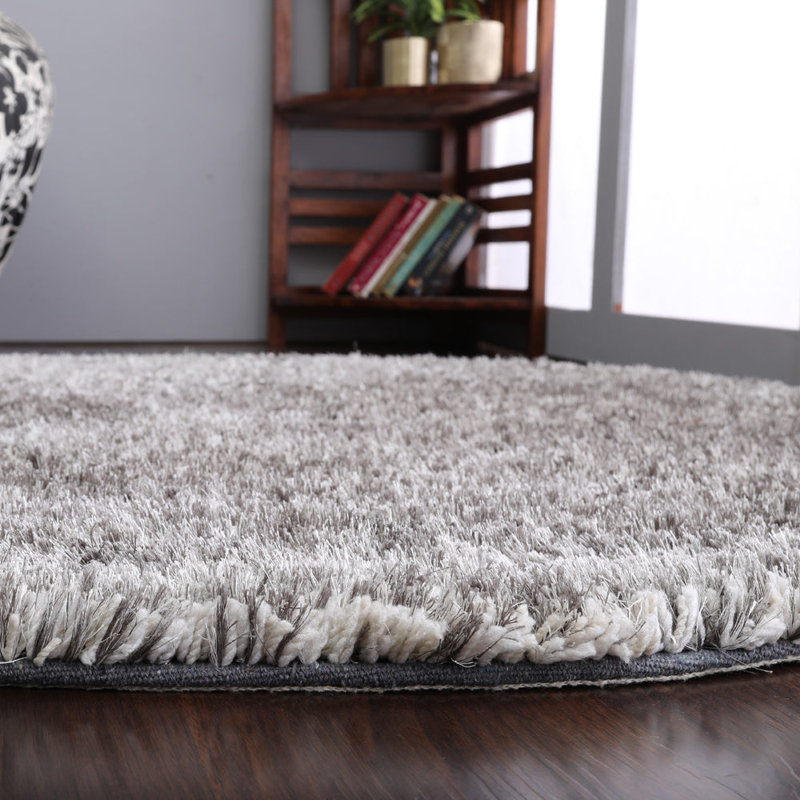 Sanford Hand Tufted Shag Polyester Eco-Friendly Area Rugs - Round, Silver White Color, Plain Solid Design, High Pile Thick Handmade Anti Skid Area Rugs for Living Room, Bed Room