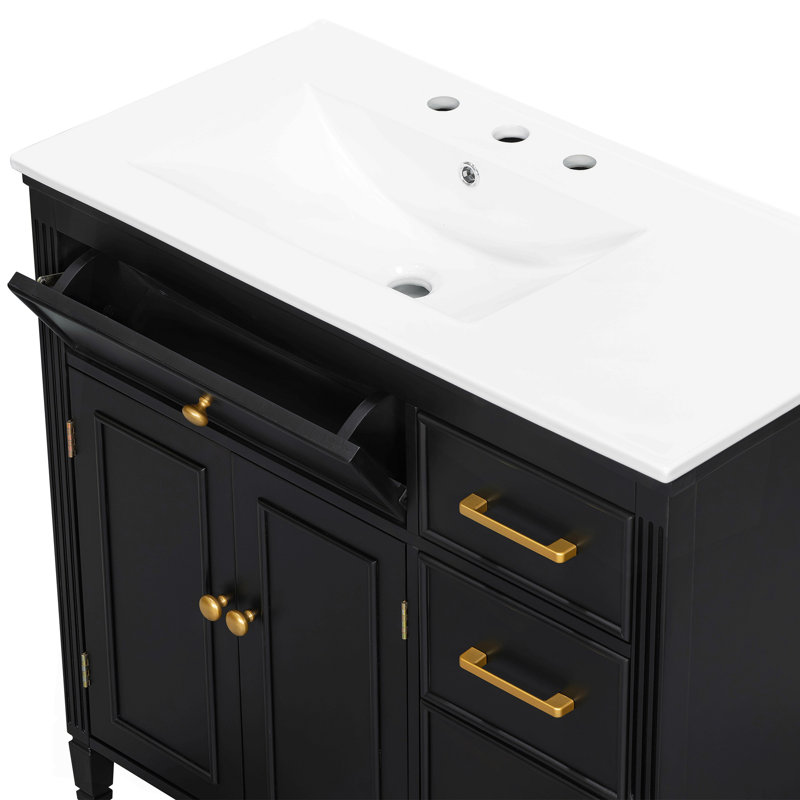Ensemble de vanité autoportant 2 pièces de 72 po avec dessus de lavabo en céramique, configurations réversibles à double aménagement, six tiroirs à fermeture douce, pieds en bois massif, armoires à étagères réglables
