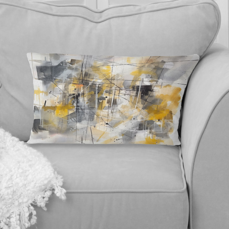 Yellow And Grey Beyond The Canvas I - Abstract Printed Throw Pillow