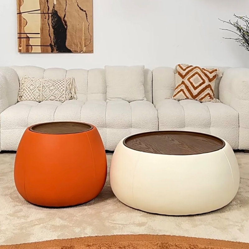 Table basse ronde de luxe légère, Blanc / Orange, Noyer foncé