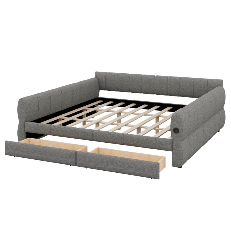 King Size Upholstered Daybed With USB And 2 Drawers, Soft Lambswool Platform Bed, No Box Spring Required, Gray
