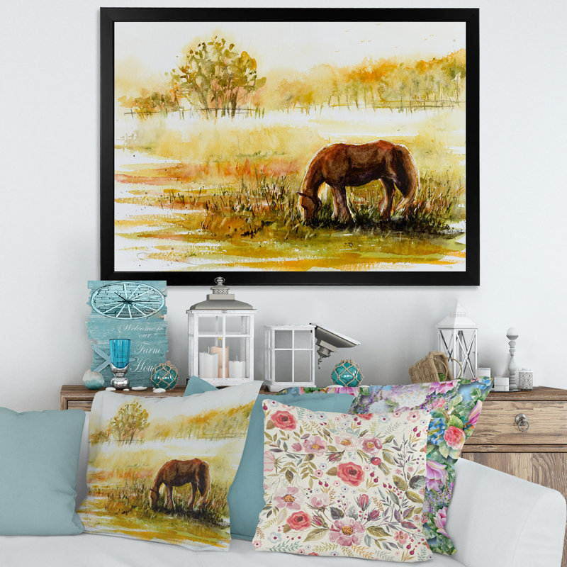 Cheval broutant sur un pré - Peinture sur toile, H 16 po x l 32 po x P 1,5 po, Toile avec cadre noir