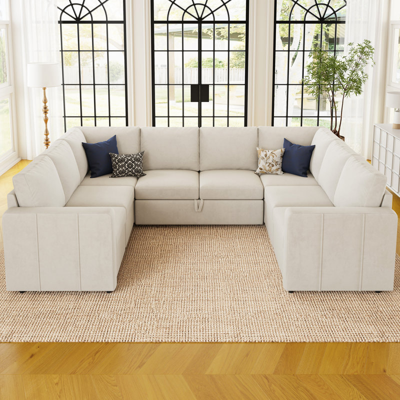Upholstered 110.2 " U-Shaped Sofa Bed, Beige Velvet
