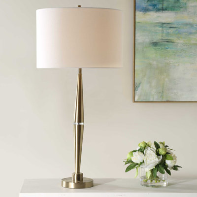  Metal Table Lamp – Antique Brass Finish with Crystal Accent and Off White Linen Drum Shade for Bedroom or Living Room 32.5"H