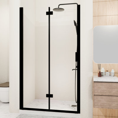 Semi - Folding 34 35.2 In. W X 72 H Bathroom Panel Shower Door With 1/4"  6Mm  Tempered Glass, Matte Black And Reversible Left Right Installation 34" 72" Pivot Bi Fold In Black, Space Saving Leak