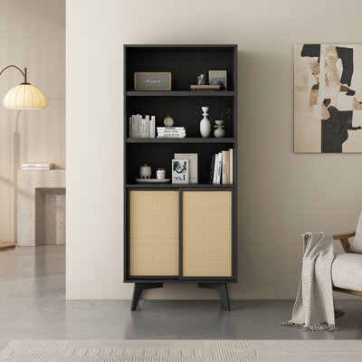 5-tier Tall Bookcase With Sliding Rattan Doors