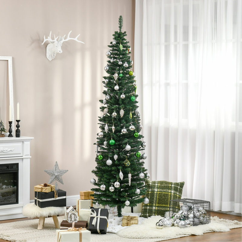 Arbre de Noël artificiel 7 pi, arbre de Noël mince avec 499 branches réalistes et support en plastique, vert, 7', Vert