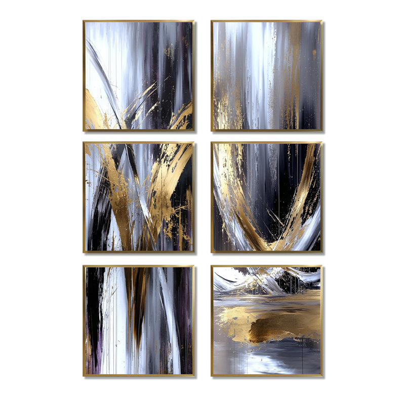 Gardiens robustes dorés ornés de gris - ensemble de 6 impressions sur toile abstraites, Doré