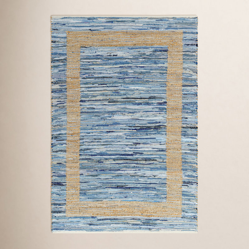 Demie abstrait tissé à plat à la main et recyclé P.E.T. Tapis bleu / brun clair, Rectangle 27 po x 45 po