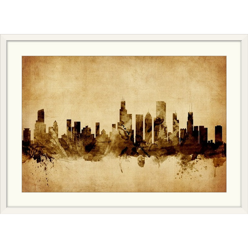 «Francy Chicago Illinois Skyline» par Michal Tompsett - impression, Cadre blanc, H 24 po x l 32 po x P 1 po