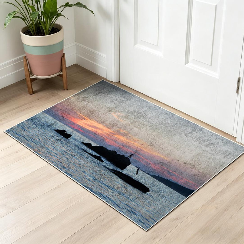 Tapis bleu lavable à la machine Big Rock Sea, Rectangle 32" x 47"