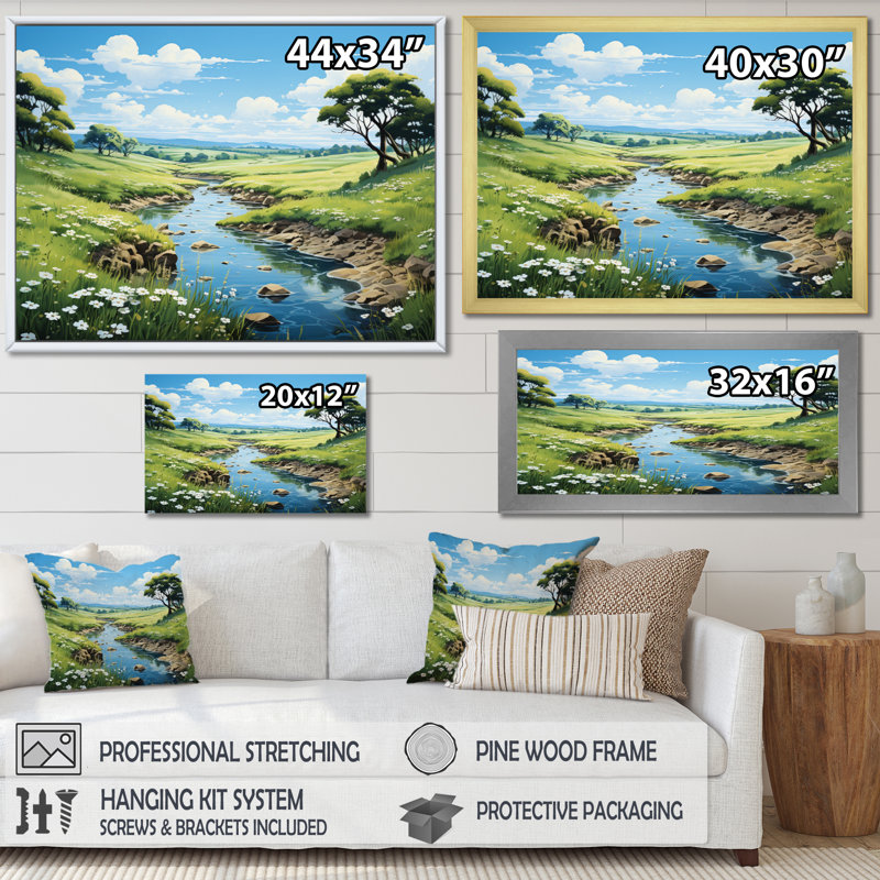 " Countryside River Reflections II ", 30" H x 40" W x 1.5" D, Gold Floater Framed