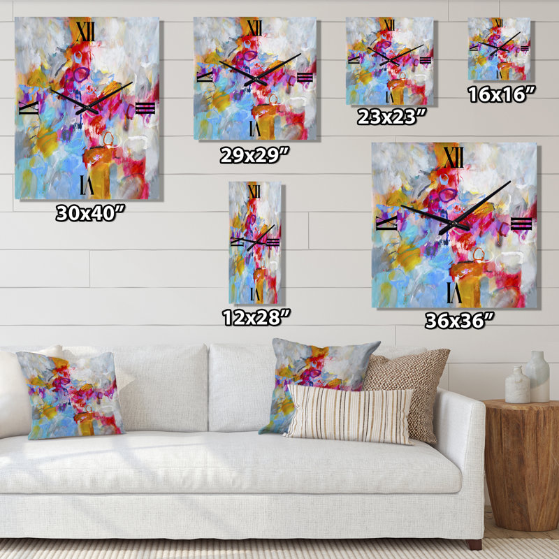 Horloge murale moderne surdimensionnée bleue et jaune Spatters IV, Petit