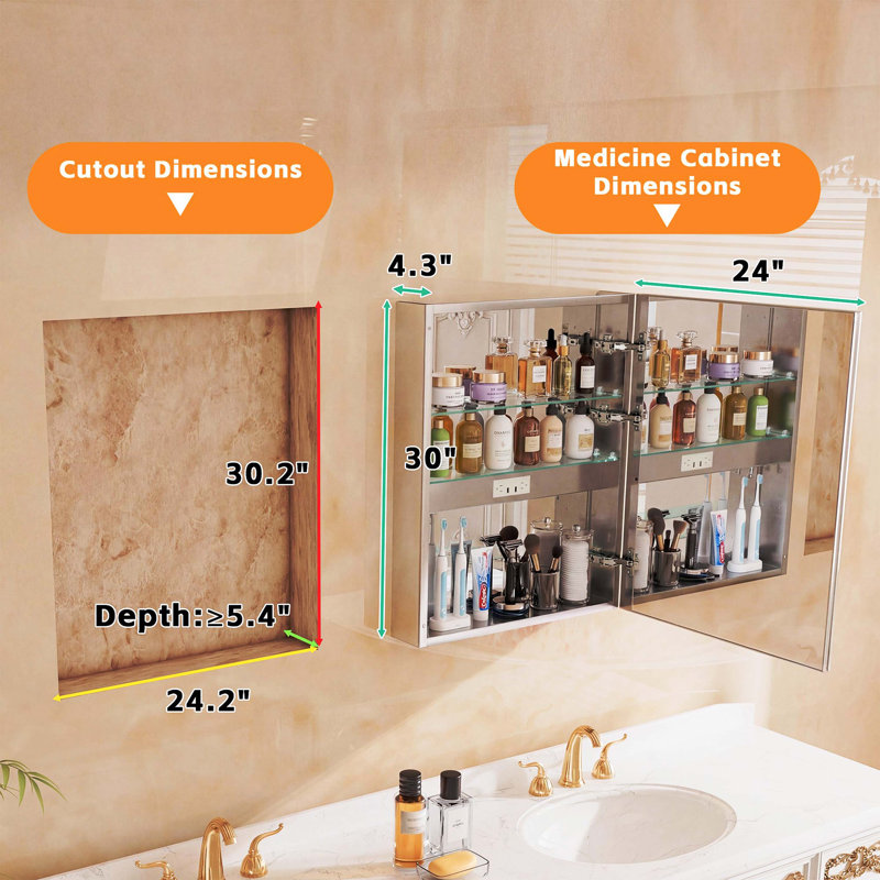 Armoire de salle de bain à miroir réglable 24 po x 30 po à DEL avec affichage de la température