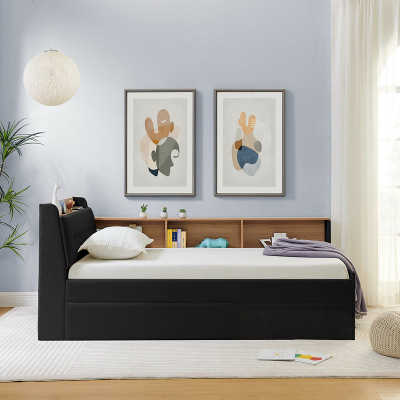 Twin Velvet Daybed with Storage Headboard, Wireless Charging, Trundle Bed and LED Lights, Black