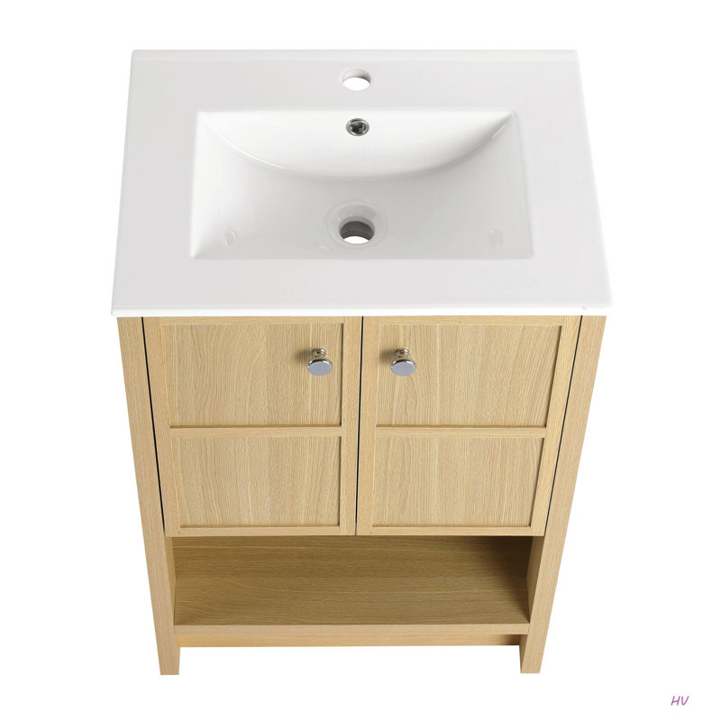 Lavabo de salle de bain autoportant 24 po, 2 portes à fermeture douce, chêne, contreplaqué