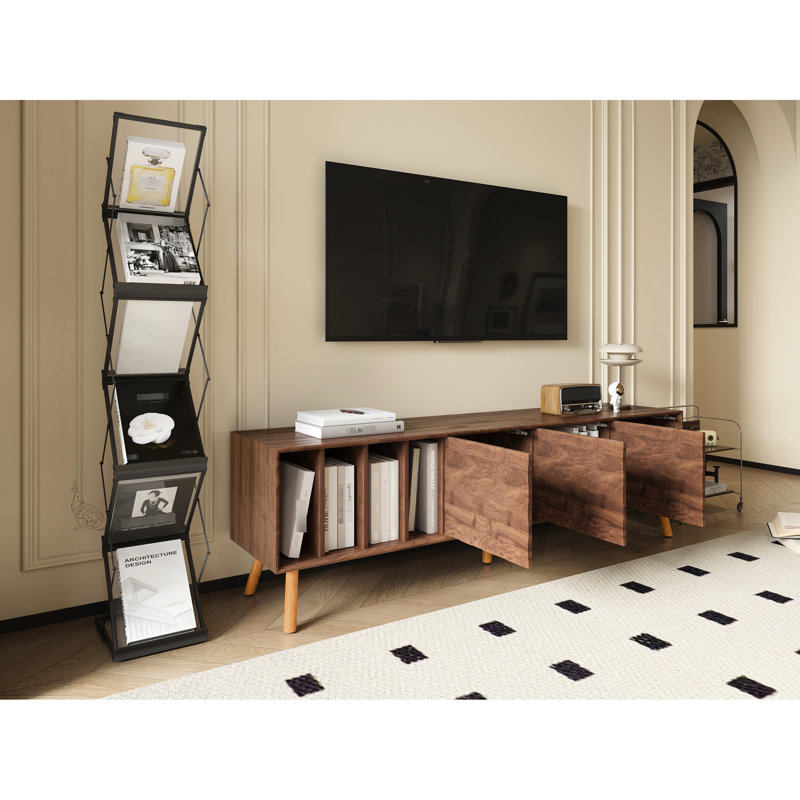 Meuble audio-vidéo Mid-Century moderne, meuble télé 70 po, pieds en bois massif, noyer, espace de rangement suffisant pour console multimédia, meuble avec salon supplémentaire