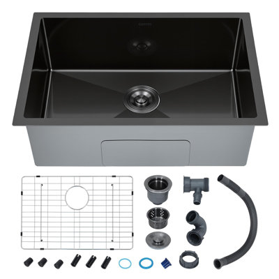 Évier de cuisine à cuve unique de 66 cm (26 pouces) à encastrer sous plan, fabriqué à la main en acier inoxydable 201, finition noire, évier utilitaire profond pour bar de style ferme moderne, noir 201