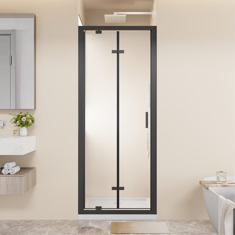 Framed Bi-fold Pivot Shower Door 30"x72" Space-saving Folding Shower Enclosure, 1/4" Clear Tempered Glass with Stainless Steel Handle, Reverible Installation, Black