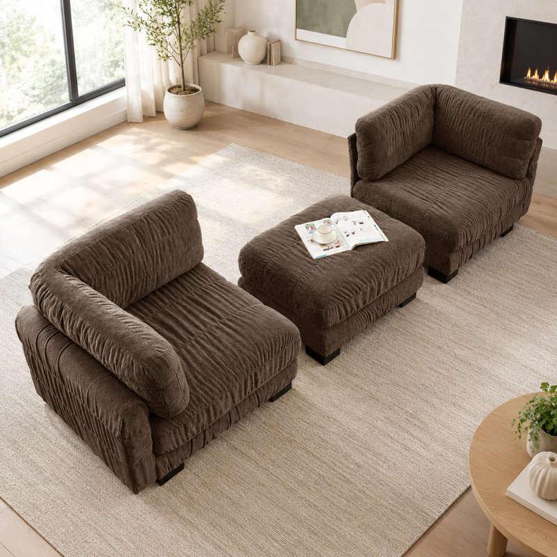 Canapé d'angle modulaire en chenille marron avec pouf amovible, 2 places en forme de L et montage facile