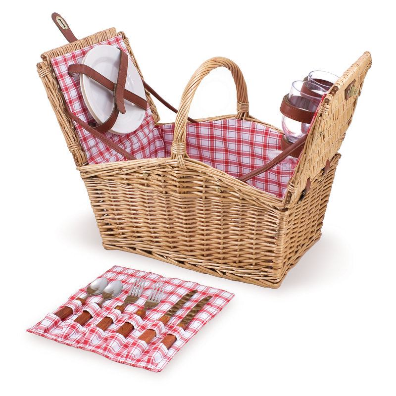 Panier de pique-nique romantique à Piccadilly avec ensemble repas d'extérieur pour 2 personnes, Motif écossais rouge et blanc