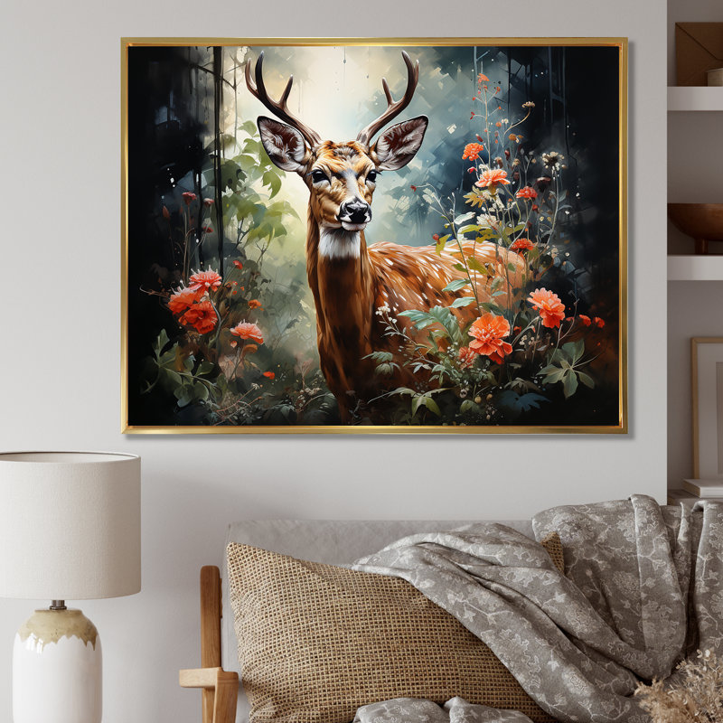 Brun et rose, cerf dans la forêt sauvage - Art mural animal cerf, Cadre flottant doré, H 12 po x l 20 po x P 1 po