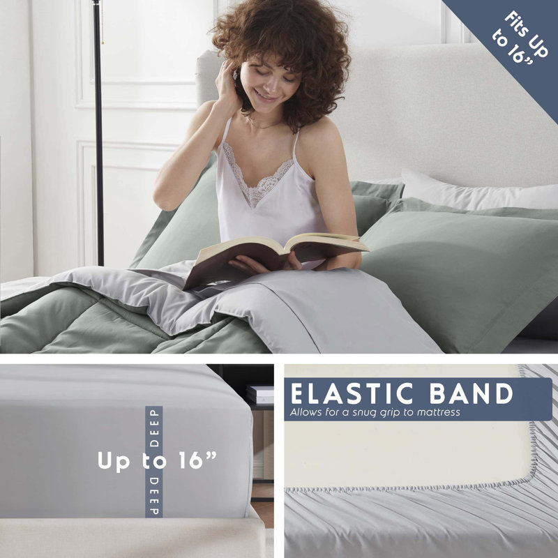 Ensemble d'édredon réversible avec draps Bed-in-a-bag, Édredon double et 5 pièces supplémentaires, Vert sauge