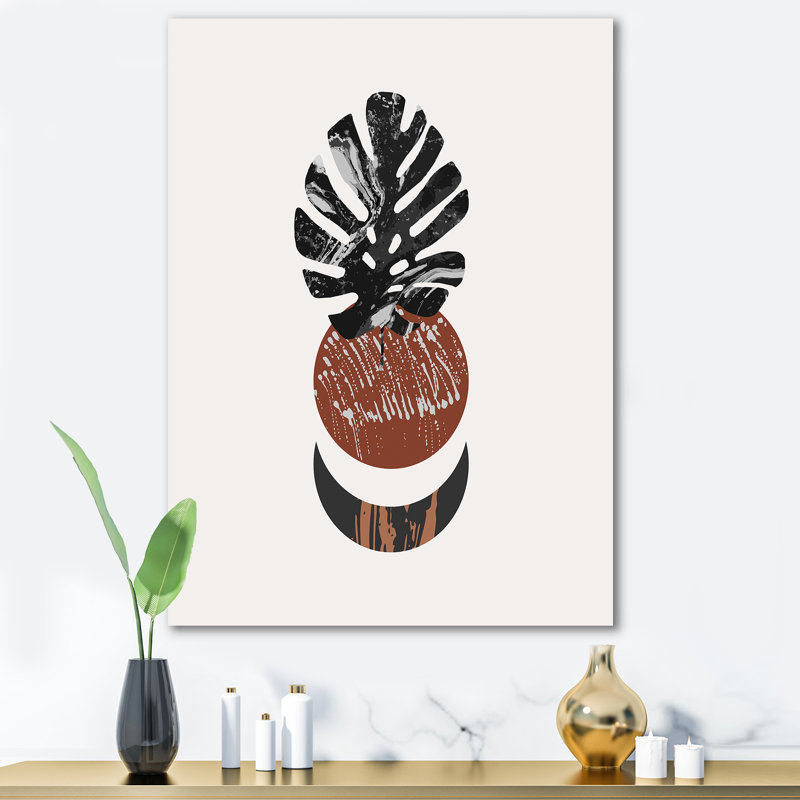 Abstact Minimal Sun Moon and Tropical Palm Leaf II - impression sur toile, H 32 po x l 16 po x P 1 po, Toile tendue