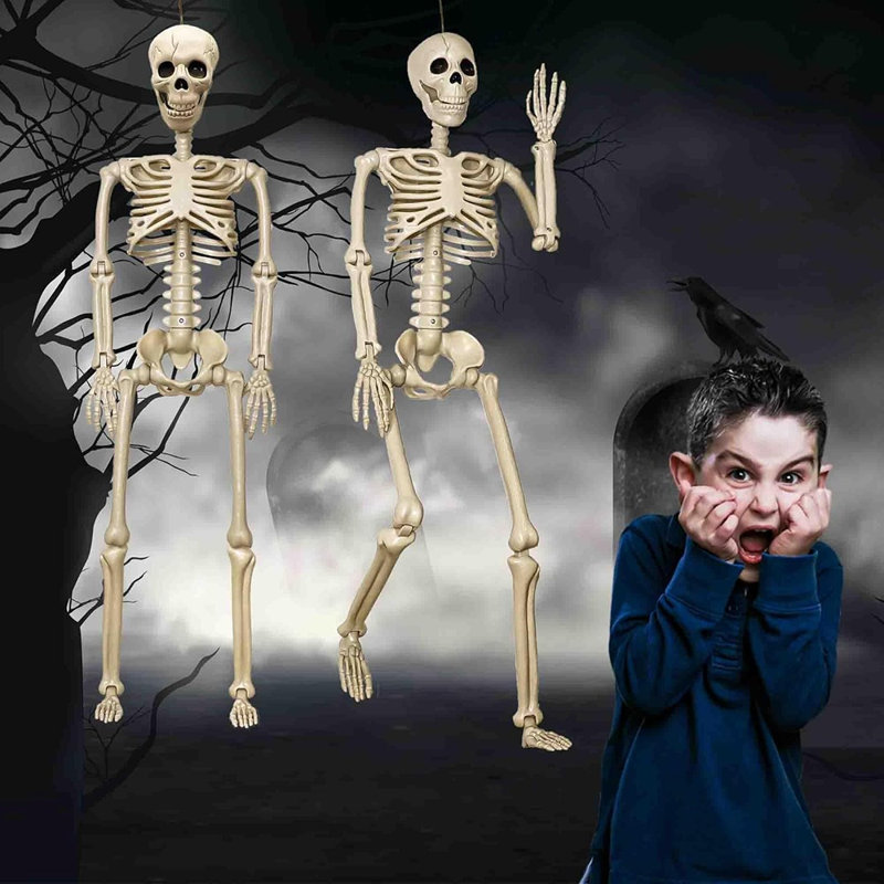 Ensemble de 2 décorations de squelette d'Halloween grandeur nature, squelettes en plastique posables sur tout le corps avec joints réglables, accessoires de squelette humain effrayant pour la cour, le patio, la pelouse, le jardin, la maison hantée et la fête d'Halloween