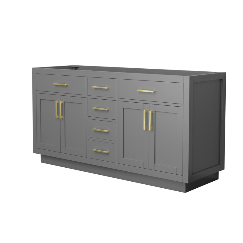 Base de meuble-lavabo double autoportante de 65 po Beckett seulement, Gris foncé / or brossé