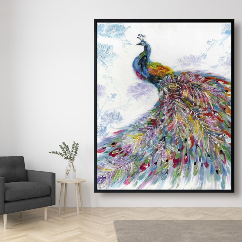 "Paon majestueux avec fleurs" sur toile