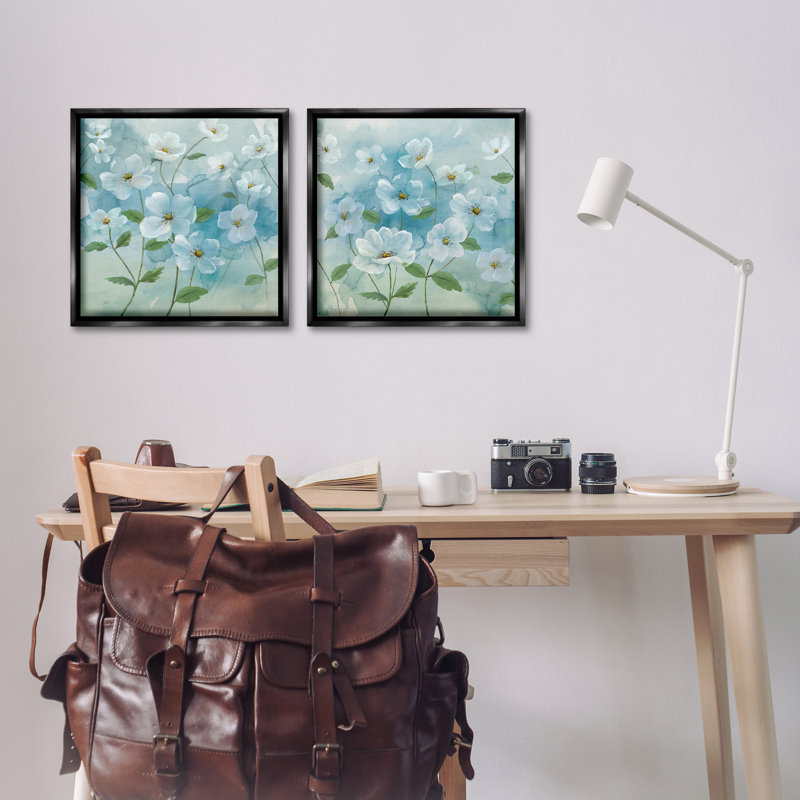  «Blue & White Apple Blossoms», ensemble de 2 toiles flottantes encadrées par Nan, Cadre flottant noir de jais