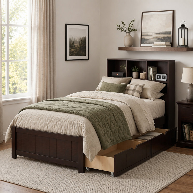 Cadre de lit en bois avec tête de lit bibliothèque, veilleuse intégrée et ports de chargement, 2 tiroirs de rangement latéraux accessibles pour la chambre