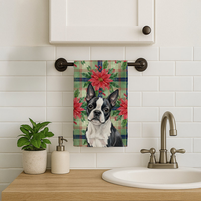 Boston Terrier Christmas PoinsettIas Kitchen Towel, Black/White Boston Terrier