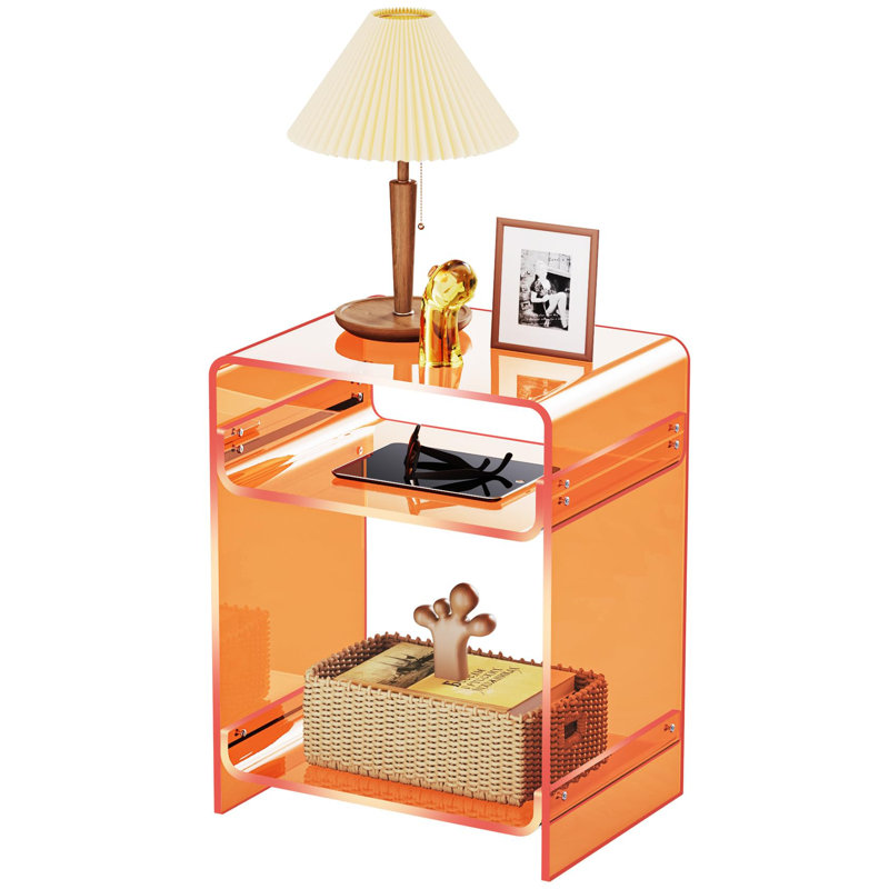 Orange Acrylic Rectangular End Table with Storage Shelf
