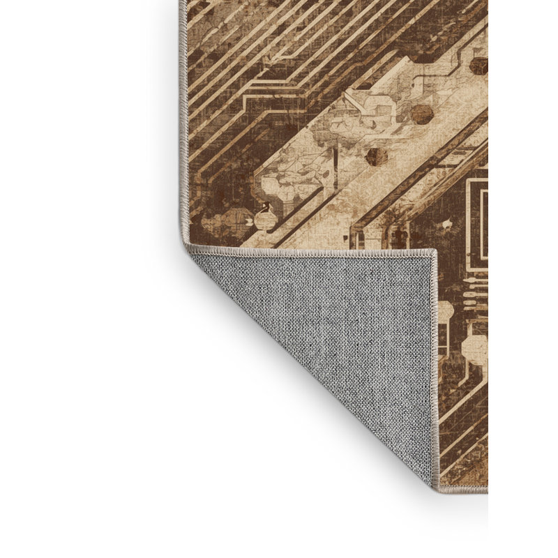 Tapis brun rustique et beige lavable à la machine à motif ordinateur Parnika Quantum, 7 x 10