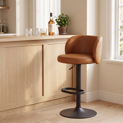 Brown Faux Leather Single Bar Stools Adjustable Height Swivel Chairs With Backrest Black Metal Base Modern Kitchen Island Counter Stools For Home Di